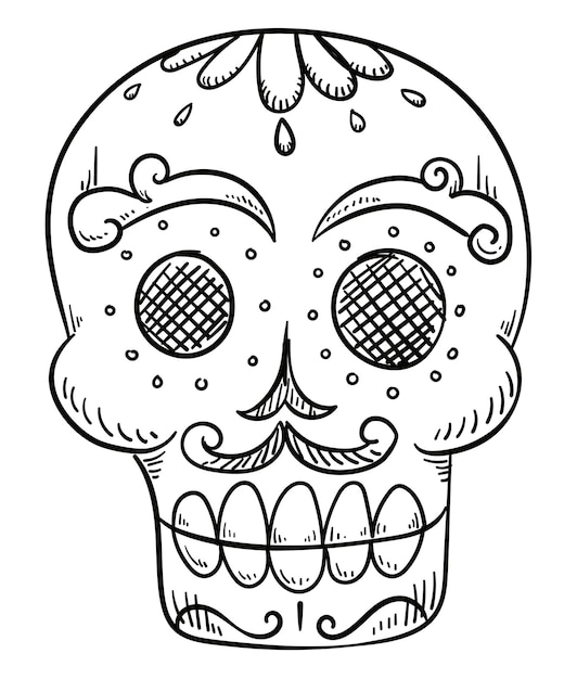 Disegno in vista frontale del teschio sorridente con baffi e decorazioni per il giorno dei morti messicano