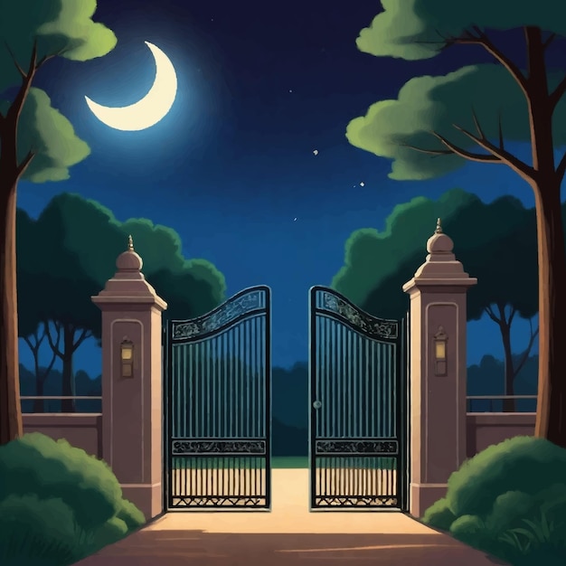 Vector a drawing of a gate with the moon in the background