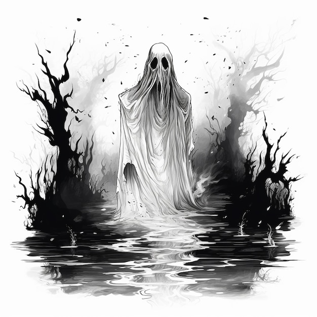 Un disegno di un fantasma in acqua con un fantasma sullo sfondo