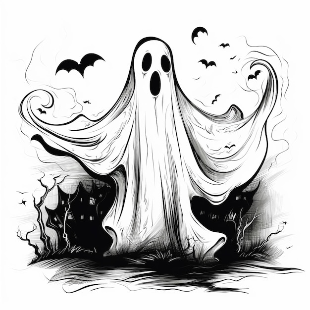 a drawing of a ghost with bats and a ghost on it