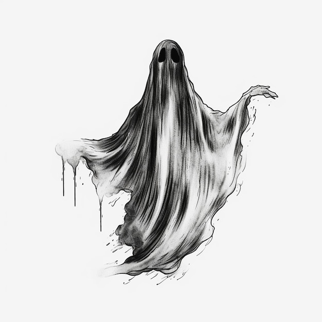 a drawing of a ghost with a black and white background