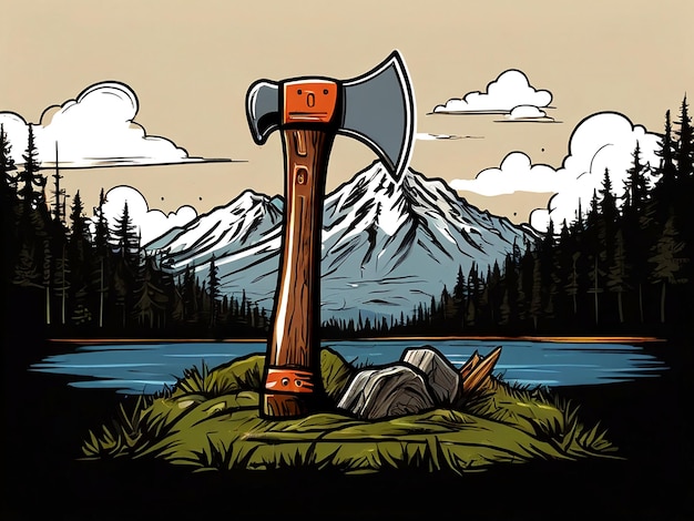 Vector a drawing of a giant axe with a mountain in the background