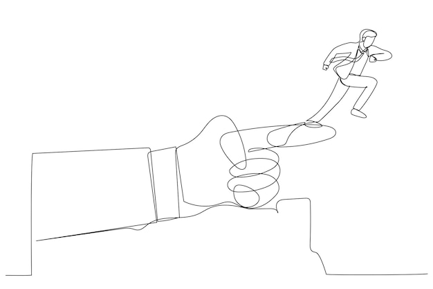 Drawing of giant hand pointing to the wrong way to a businessman Single line art style