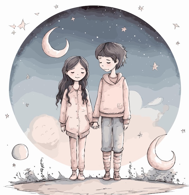 Vector a drawing of a girl and a boy with the moon in the background