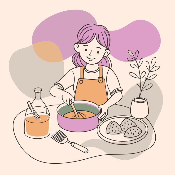 음식 비 를 가지고 요리 하는 소녀 의 그림