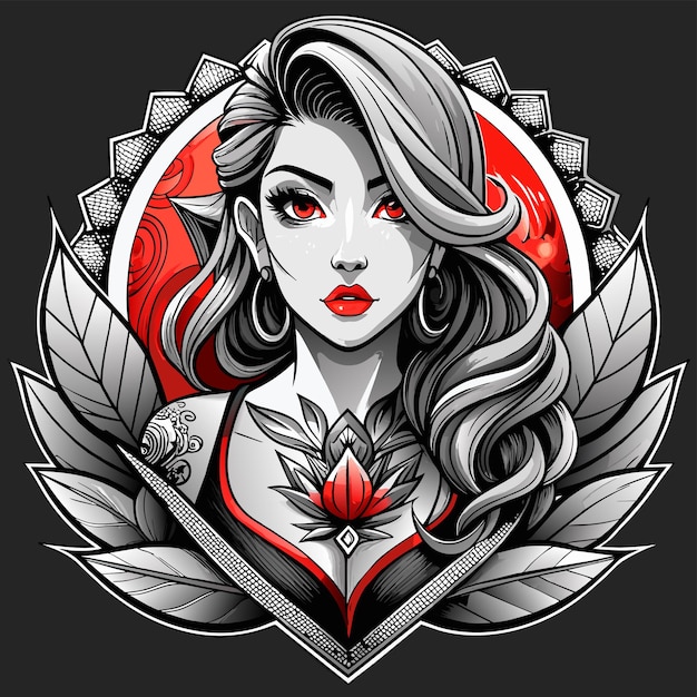 Vector drawing of a girl geisha woman tattoo hand drawn cartoon character sticker icon concept isolated