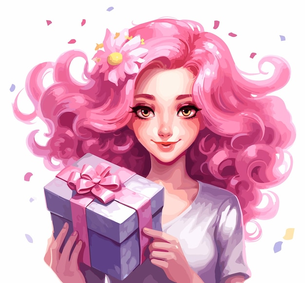 Vector a drawing of a girl holding a gift with pink hair and a pink flower in her hair