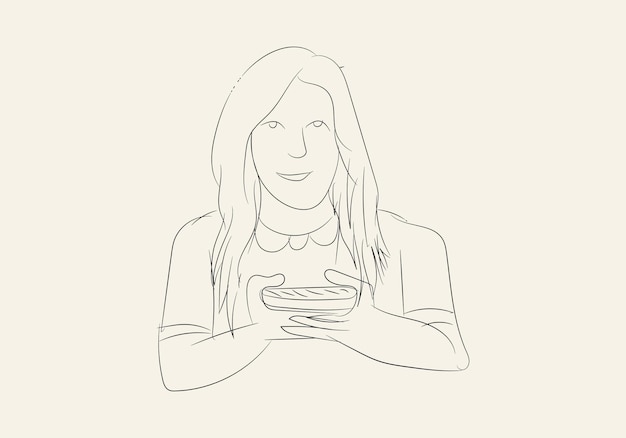 Drawing of girl playing and using mobile phone or smartphone