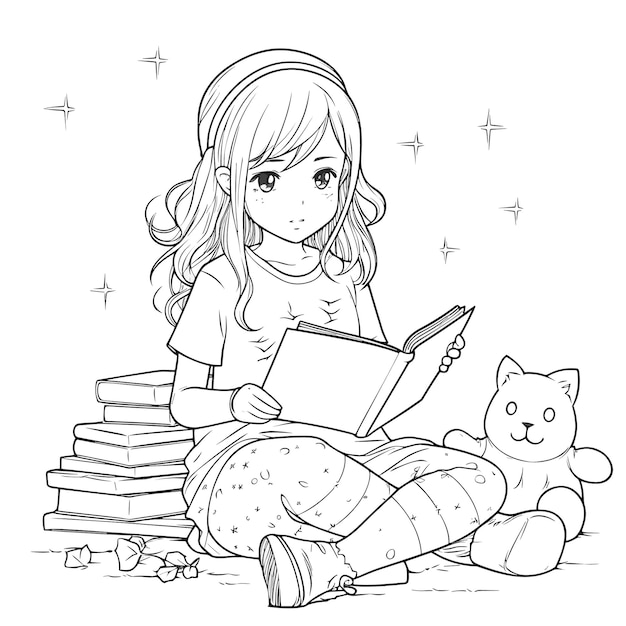 Рисунок девушки, читающей книгу с кошкой на земле