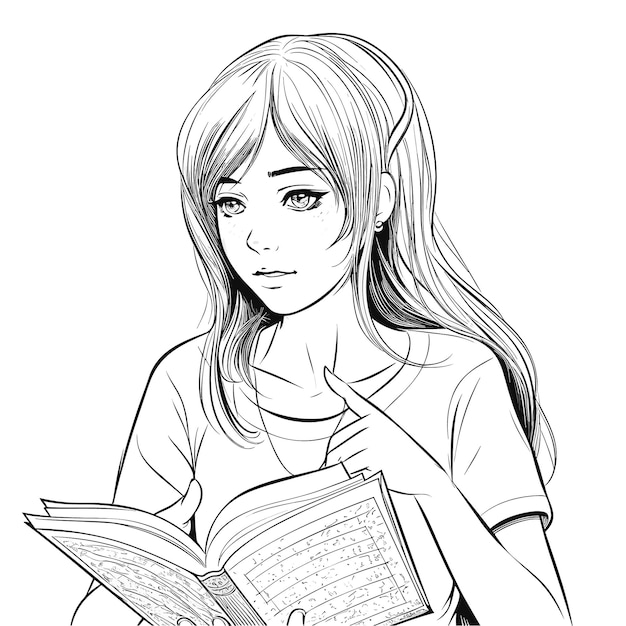 A drawing of a girl reading a book with the words " she is "