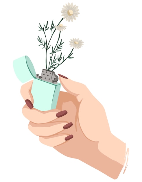 Vector drawing of a girl's hand with a beautiful manicure holding a lighter