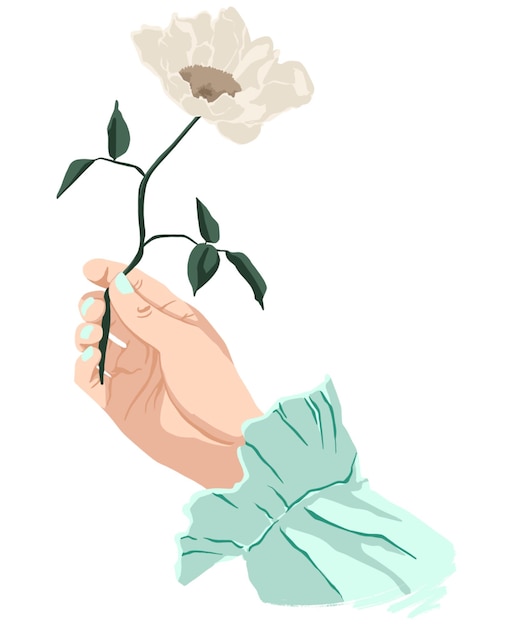 Vettore disegno della mano di una ragazza con una bella manicure che tiene un fiore bianco