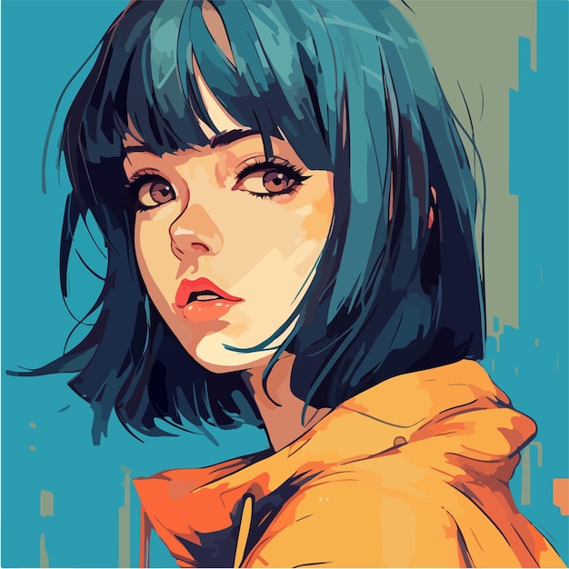 A drawing of a girl with blue hair and a yellow jacket.