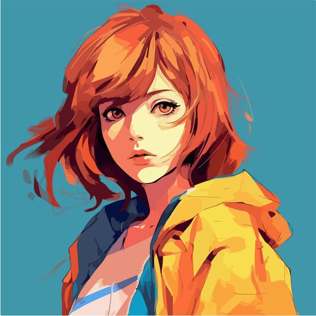 A drawing of a girl with red hair and a yellow raincoat.