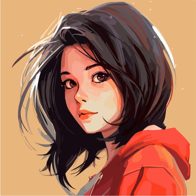 Anime girl with black hair and a red sweater. 19054999 Vector Art