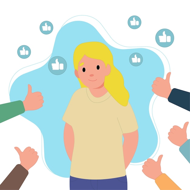 Vector drawing of a girl with a smile hands showing thumbs up social approval praise