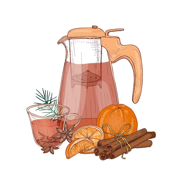 Vector drawing of glass pitcher with strainer, cup of winter fruit tea, fresh orange, cinnamon and star anise isolated on white background. delicious seasonal warming drink. realistic vector illustration.