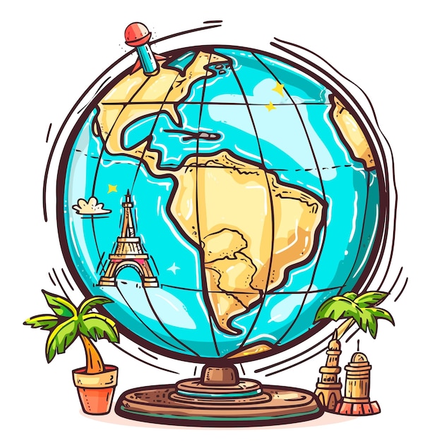 a drawing of a globe with a cartoon image of a ship on it