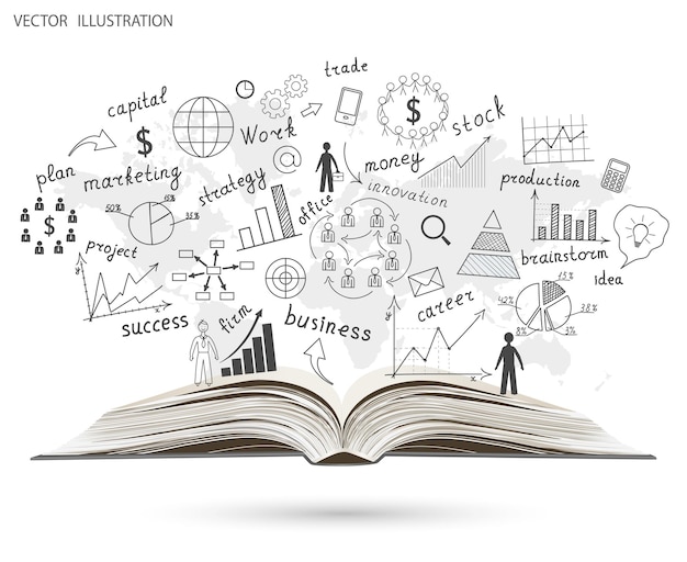 Drawing graphs and charts business strategy plan concept idea on an open book Handwriting Doodle