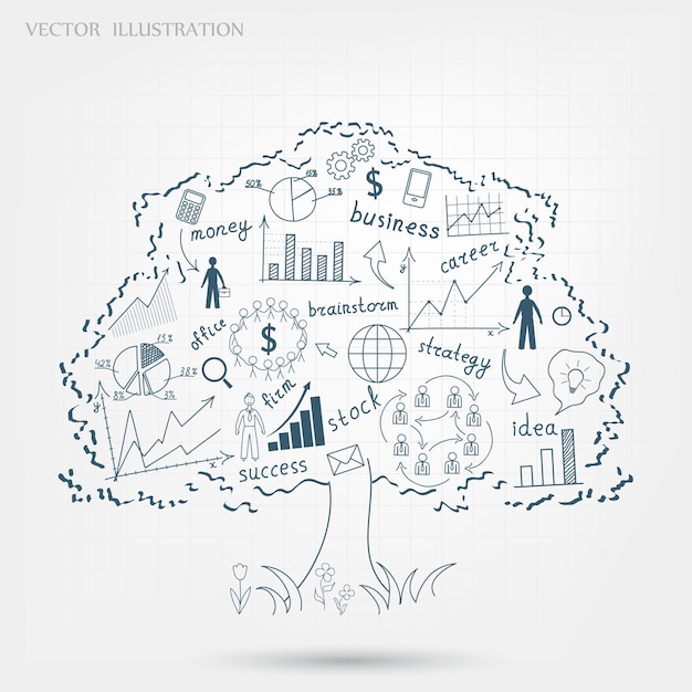 Disegno di grafici e grafici strategia aziendale piano concetto idea su un albero concetto di business
