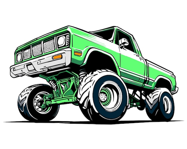 рисунок зеленого грузовика-монстра со словом "монстр" на нем