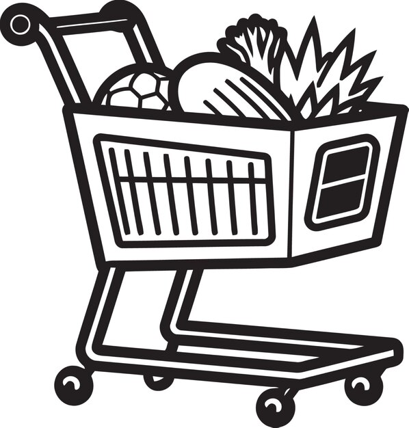 a drawing of a grocery cart with a basket of fruit on it