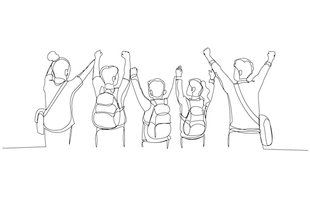 Drawing of group of friend holding hand together raising into the air celebrating Continuous line art