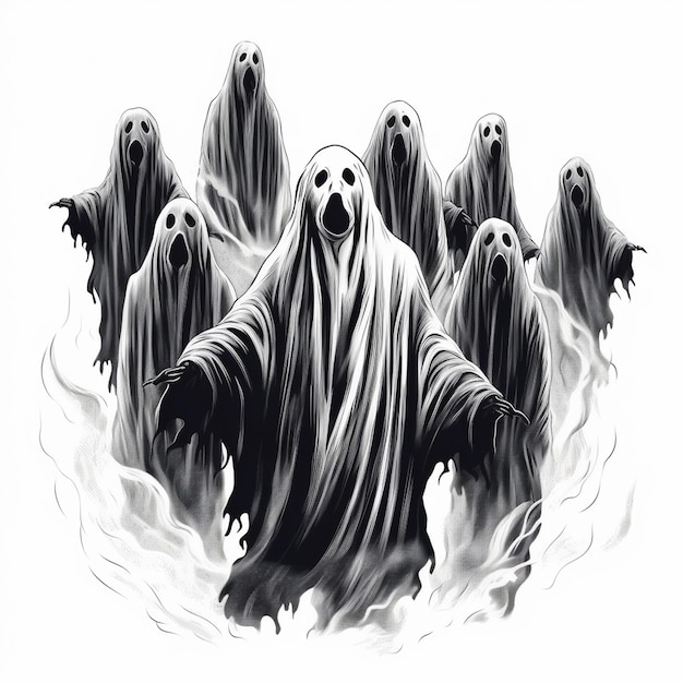 a drawing of a group of ghost dogs in the middle of a smoke filled room