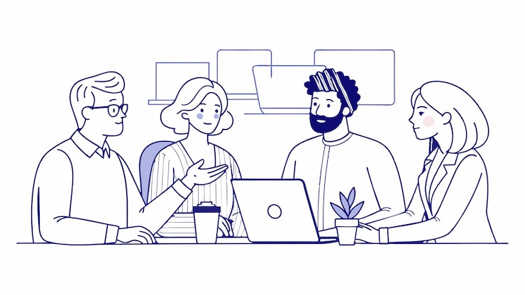 Vector a drawing of a group of people at a table with a laptop and a man with a beard