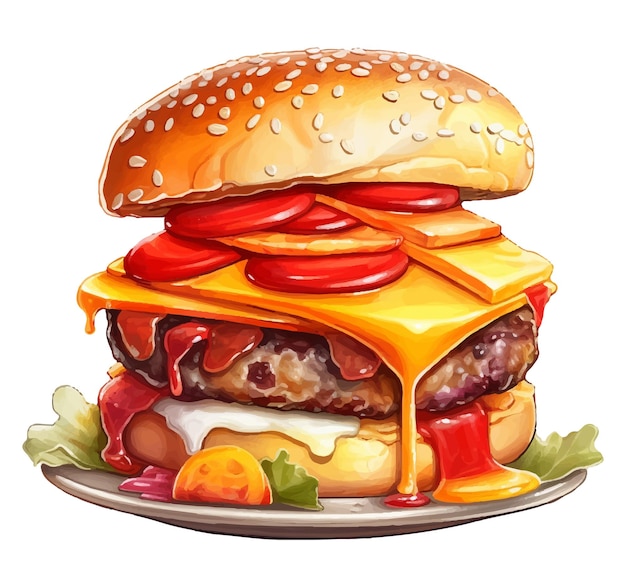 Vector a drawing of a hamburger with cheese and tomato sauce