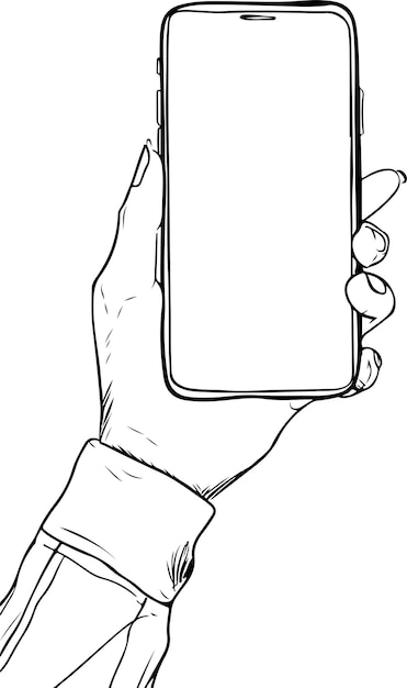 Vector a drawing of a hand holding a white phone with a black outline drawing