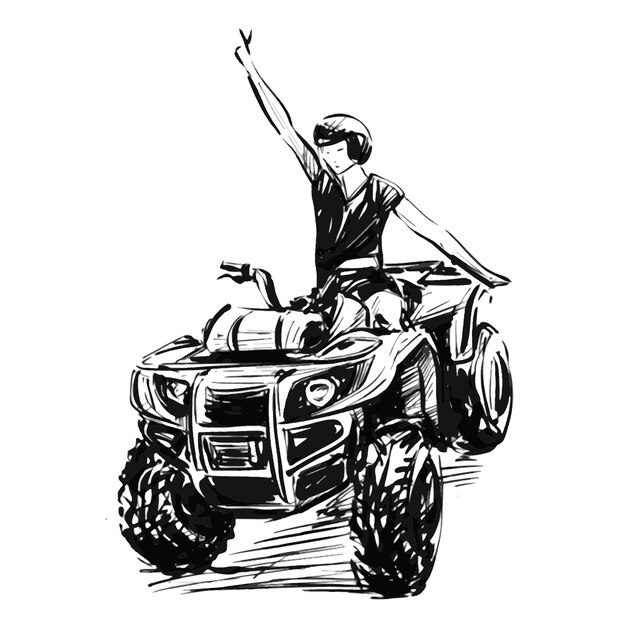 Vettore disegno di una donna felice che guida un atv