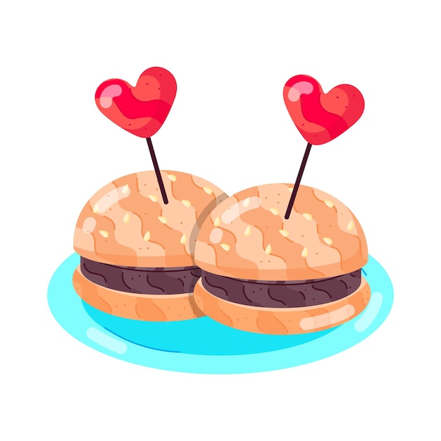 Vector a drawing of a heart shaped hamburger with hearts on the top