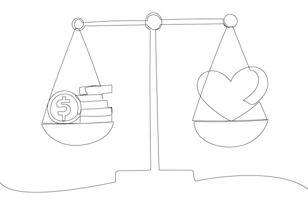 Vector drawing of heart with cardiogram and pile of money on scales life choice health or career metaphor single line art style