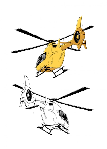 Vector drawing of helicopter in yellow color, isolated . drawing for posters, decoration and print.