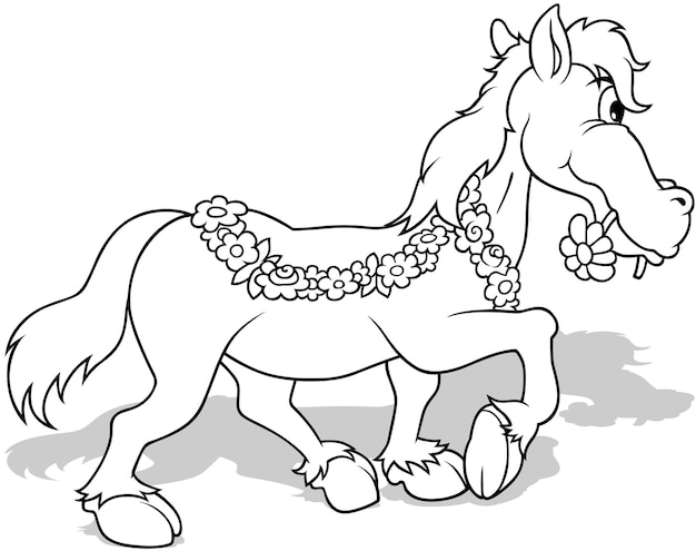 Vector drawing of a horse with floral decoration from profile