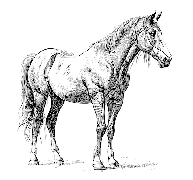 A drawing of a horse with a long tail and a tail.