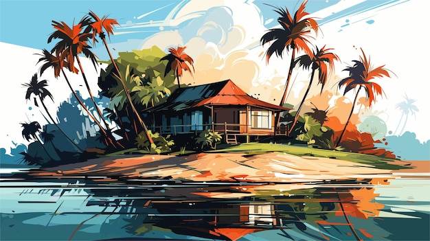 Vector drawing of a house on an island in the ocean vector