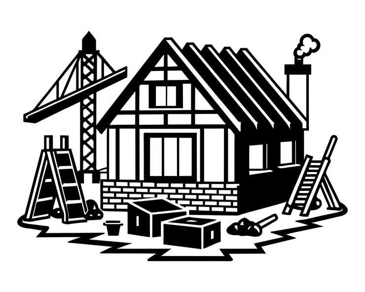 Vector a drawing of a house with a ladder and a stack of boxes