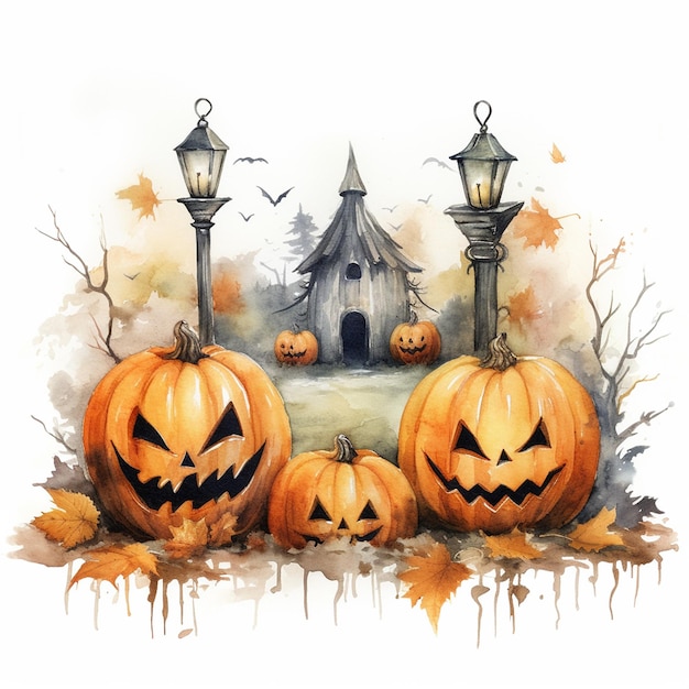 a drawing of a house with a pumpkin on it