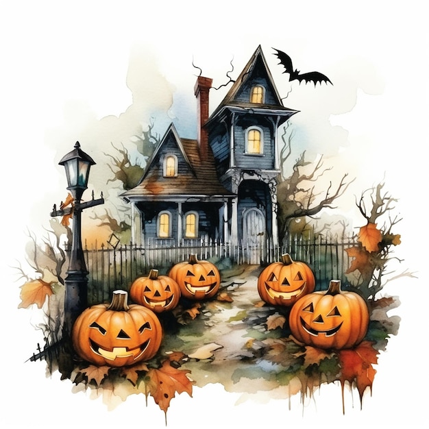 a drawing of a house with pumpkins on it