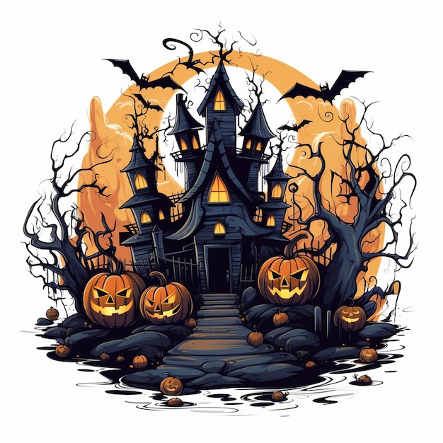 a drawing of a house with pumpkins on it