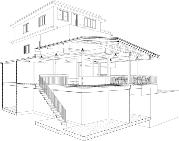 Vettore un disegno di una casa con un tetto che ha un bar e un tetto che dice caffè.