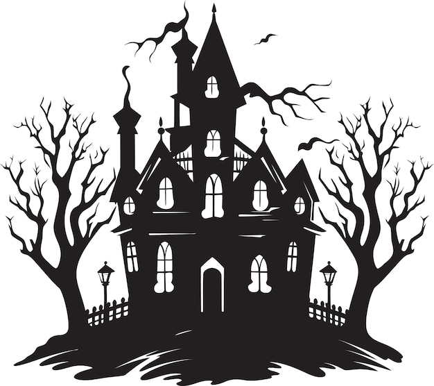 a drawing of a house with a scary tree in the background