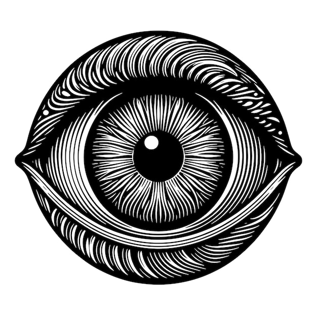 a drawing of a human eye with a black and white background