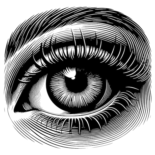 a drawing of a human eye with a black and white background