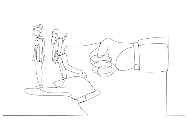 Drawing Of Index Finger Overturns Row Of Businesswoman Standing On Big Hands Metaphor For Dismissal Unemployment Layoffs Single Continuous Line Art Style