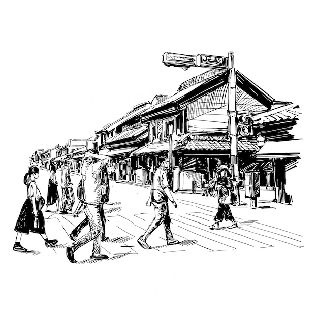 京都の旧市街を描く日本の街並みの絵