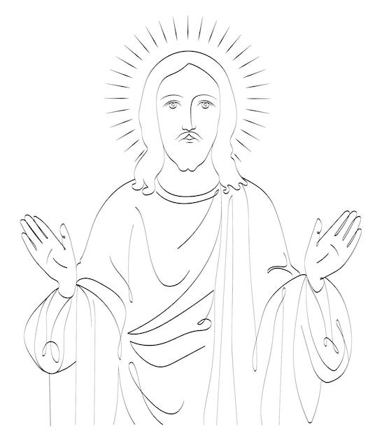 Vettore disegno di gesù cristo con le mani aperte in stile linea grafica vettoriale isolata del volto di gesù