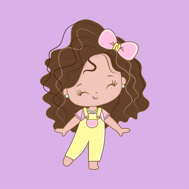 Drawing in kawaii style of cute girl with curly hair curly hair doll girl in bib